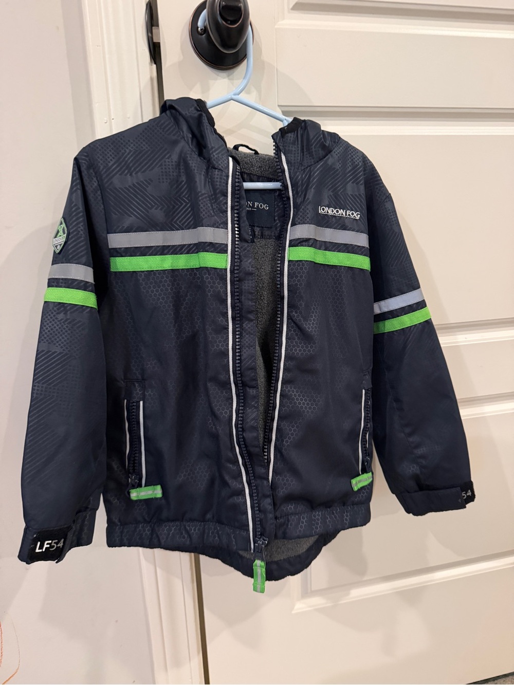 London Fog Kids Navy Hooded Raincoat with Green Stripe Accents